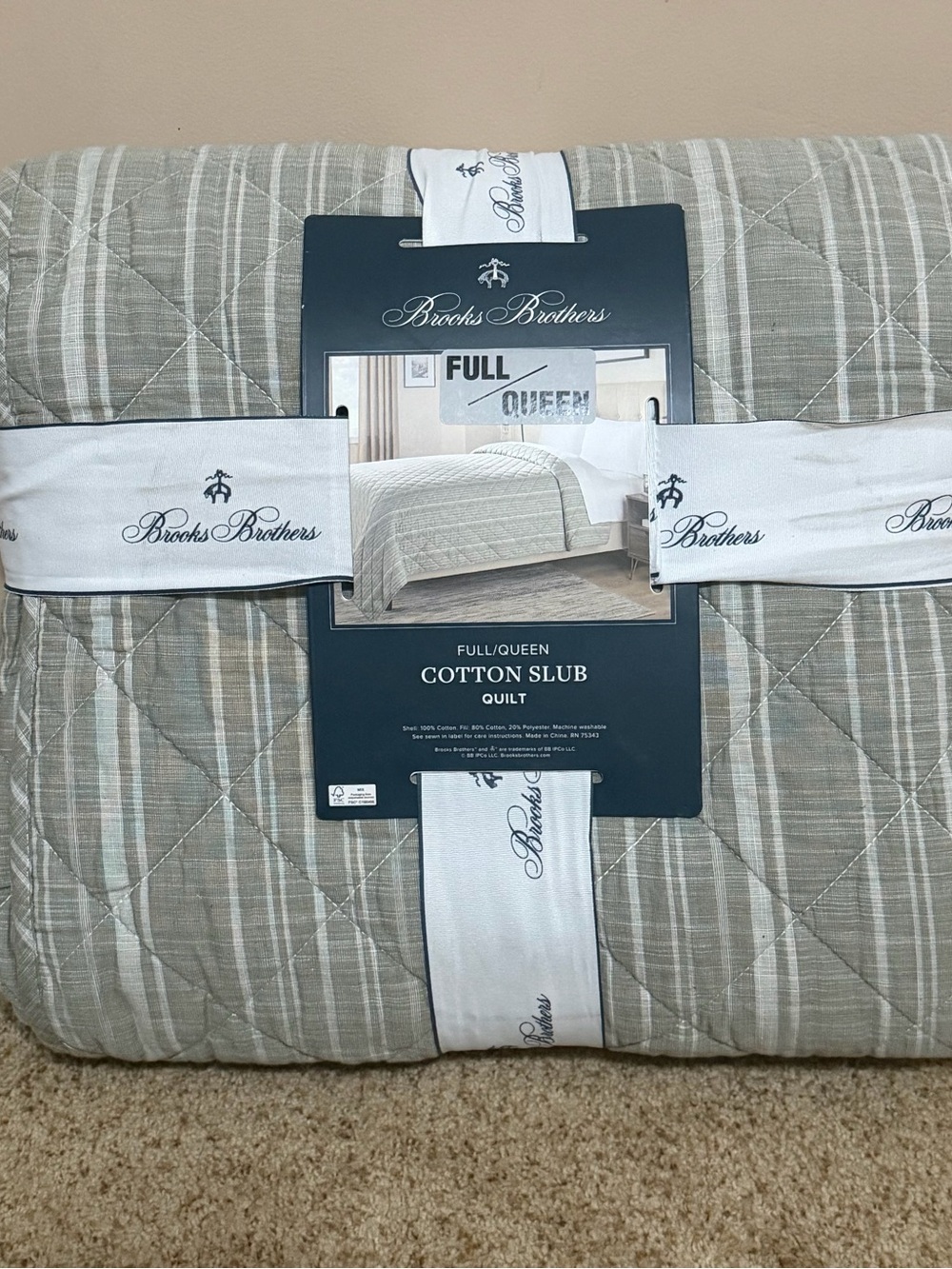 Brooks Brothers Cotton Slub Quilt in Green and Whote with Stripe